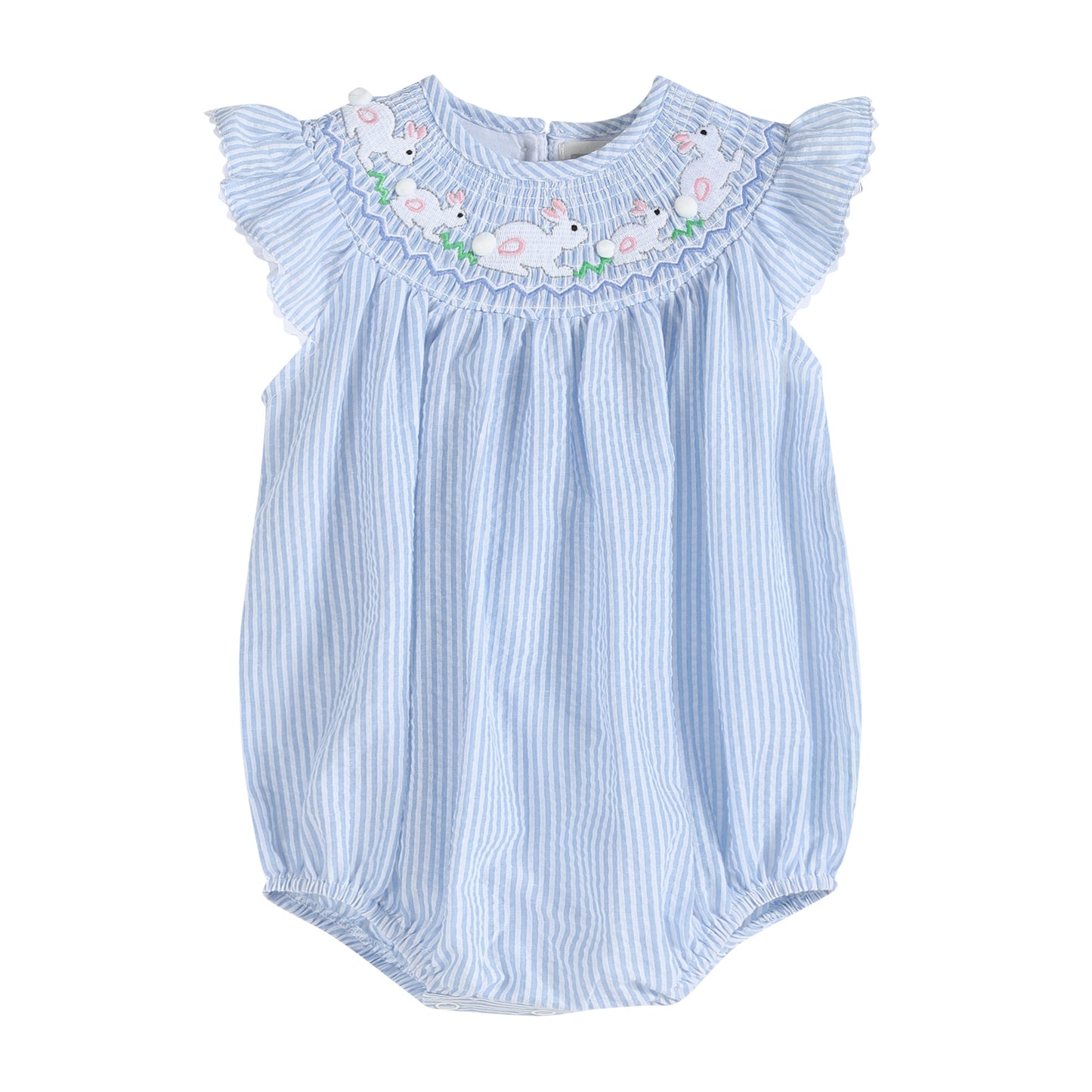 Blue Seersucker smocked Bunny Flutter Romper