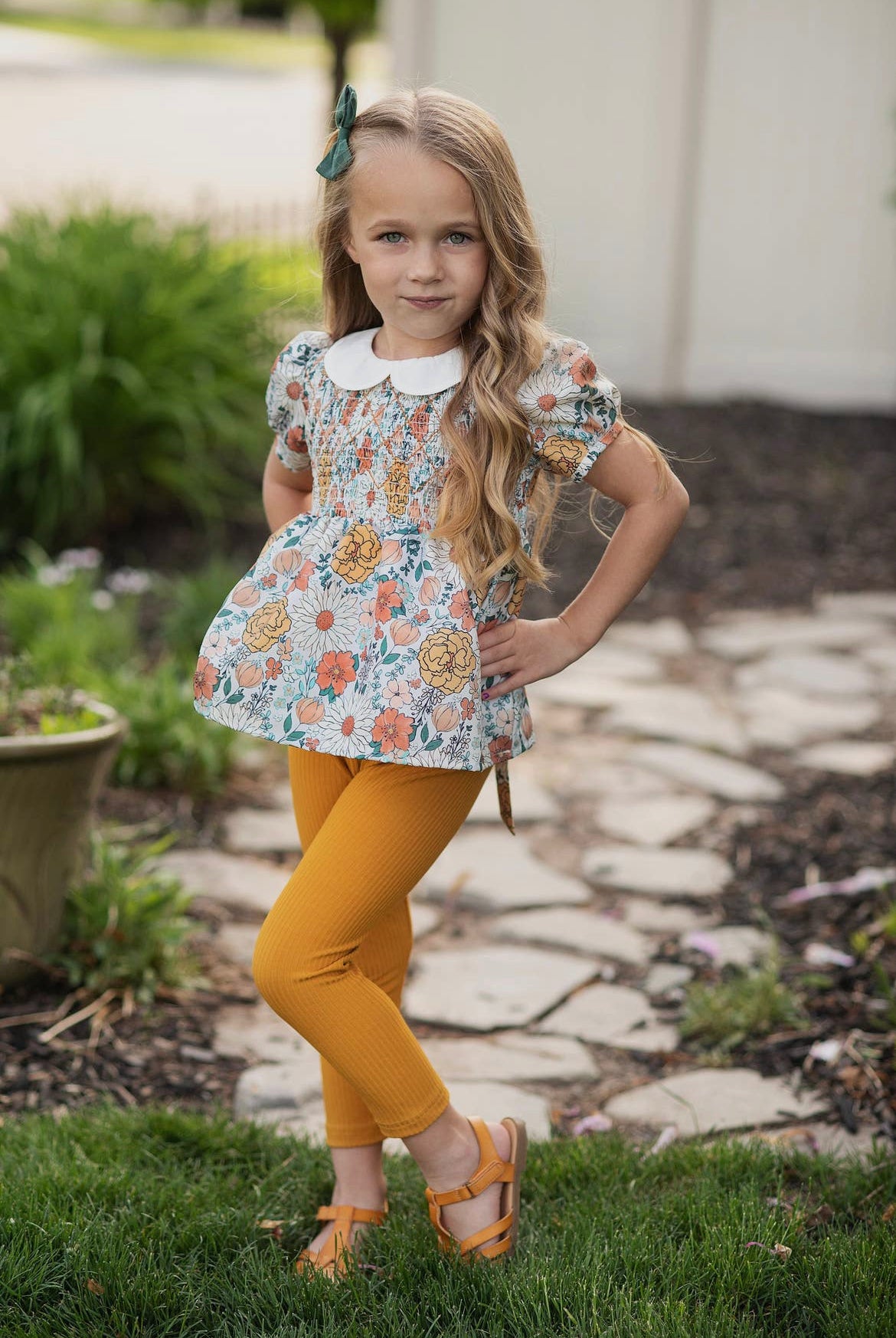 Kids Mustard Vintage Floral Smocked Two Piece Set