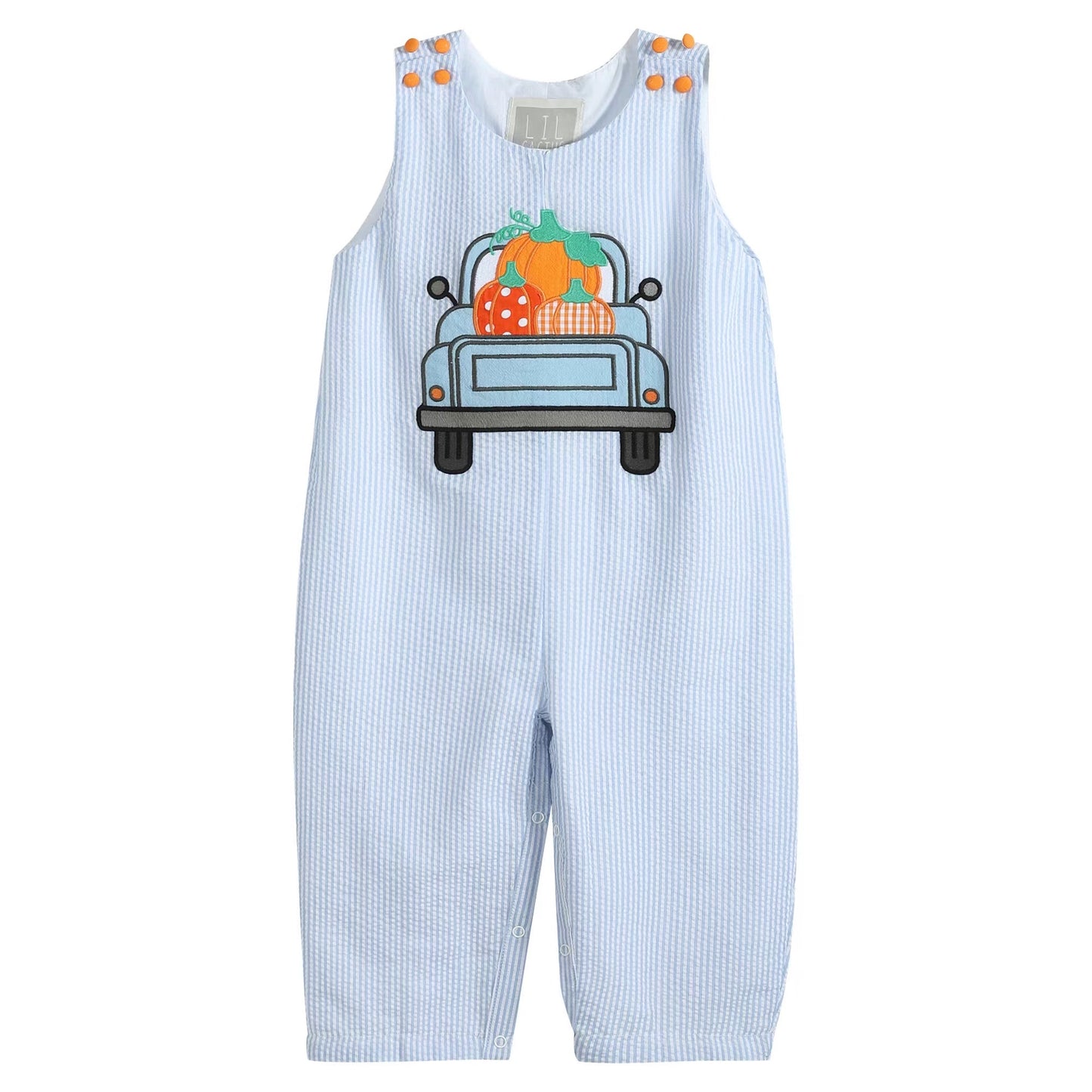 Blue Seersucker Pumpkin Truck Overalls