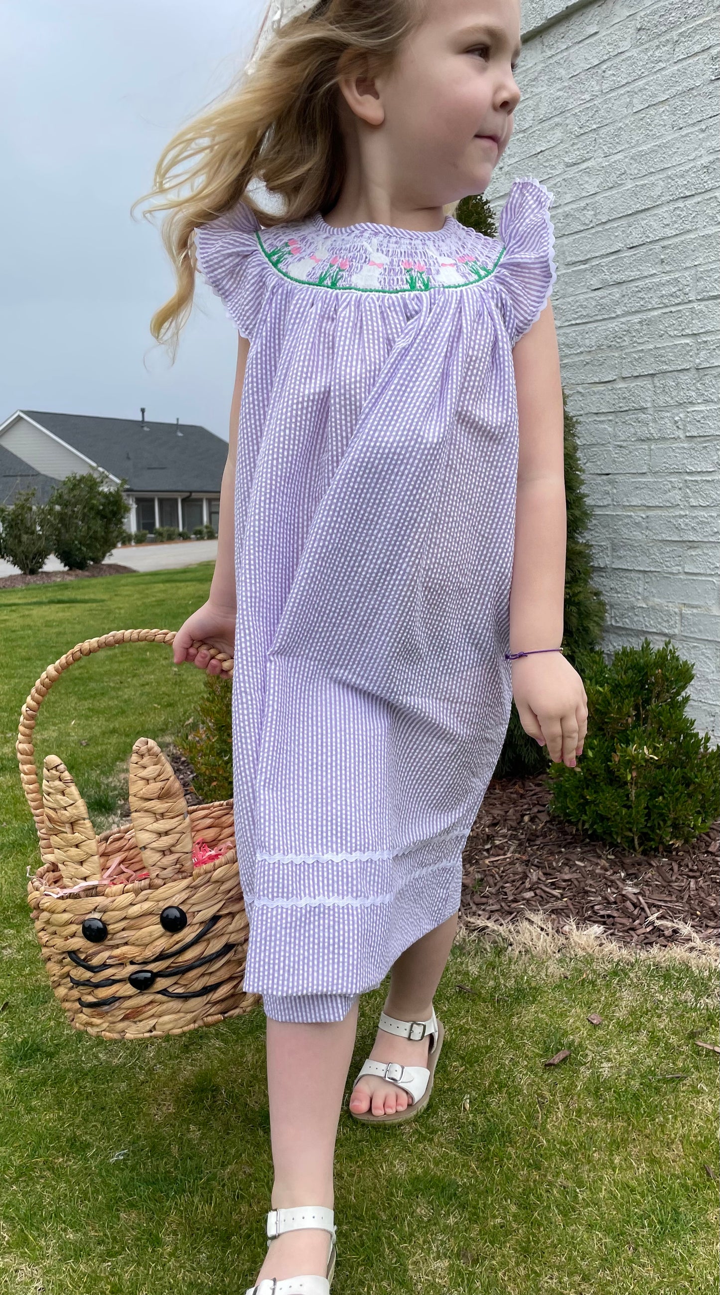 Light Purple Seersucker Smocked Bunny Bishop Dress