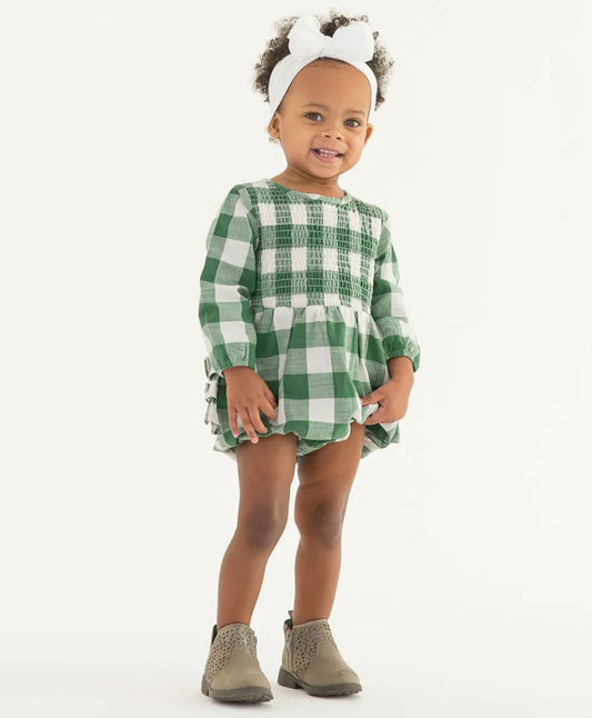 Dark Ivy Plaid Long Sleeve Bubble Romper