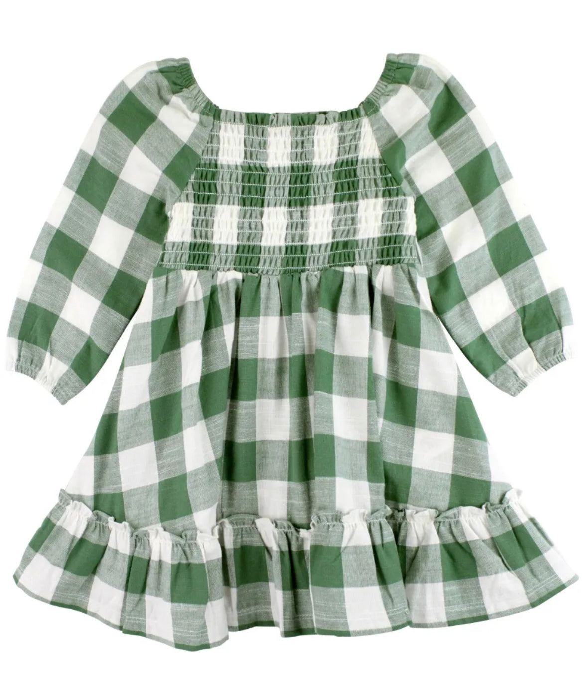 Dark Ivy Plaid Long Sleeve Smocked Dress