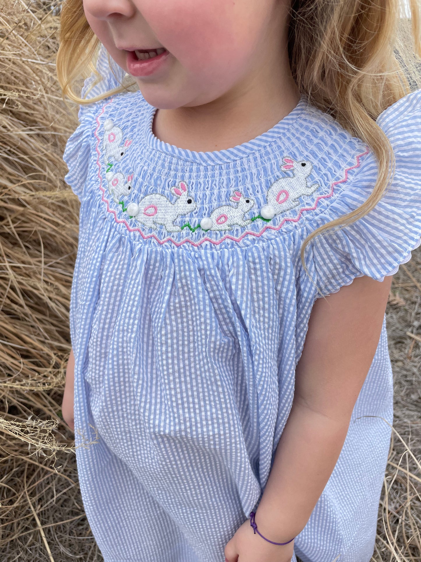 Blue Seersucker Smocked Easter Bunny Dress