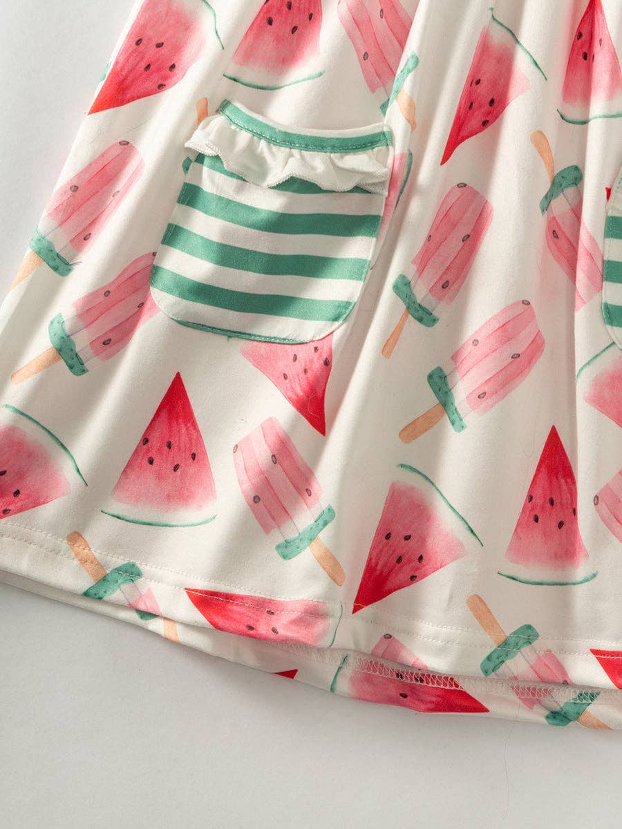 Pink Watermelon Pocket Ruffle Girl Dress