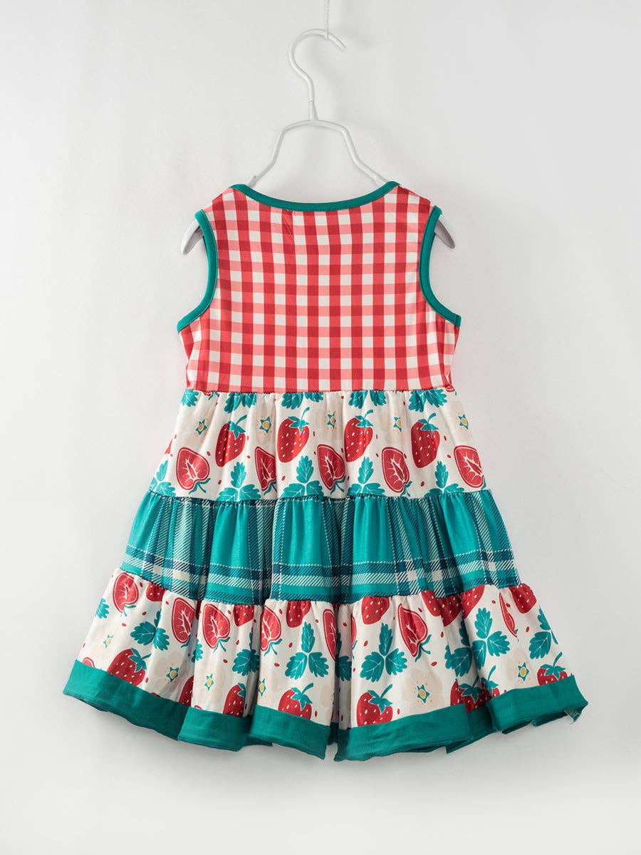 Spring 2024 Red Plaid Strawberry Ruffle Girl Twirl Dress