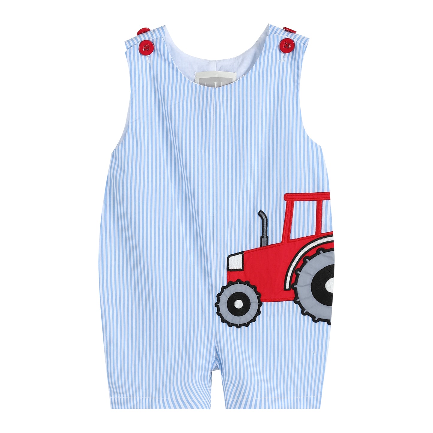 Light Blue Pinstripe Tractor Appliqué Overalls