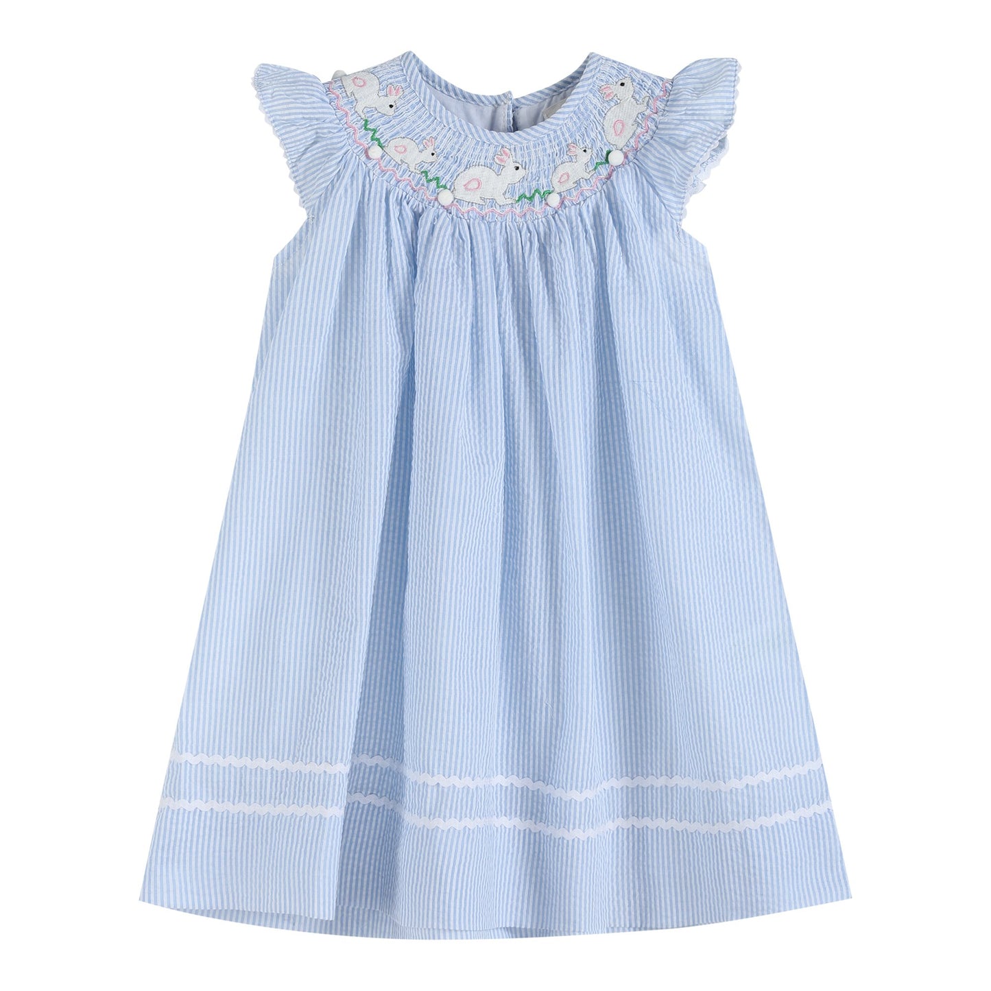 Blue Seersucker Smocked Easter Bunny Dress