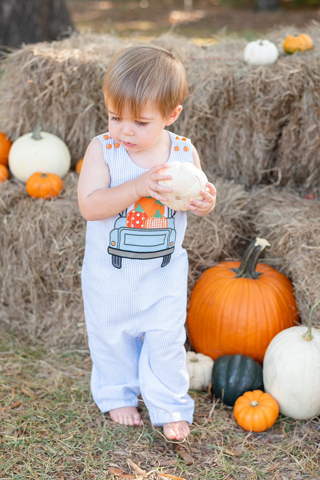 Blue Seersucker Pumpkin Truck Overalls