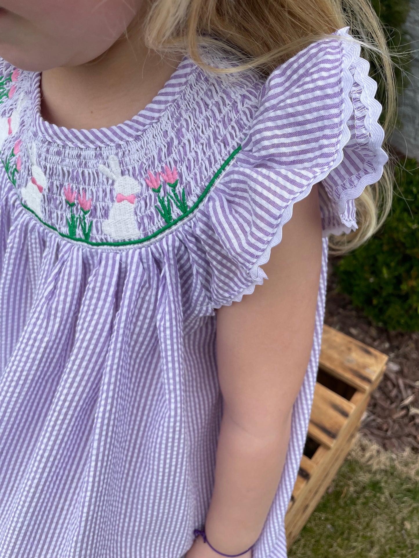 Light Purple Seersucker Smocked Bunny Bishop Dress