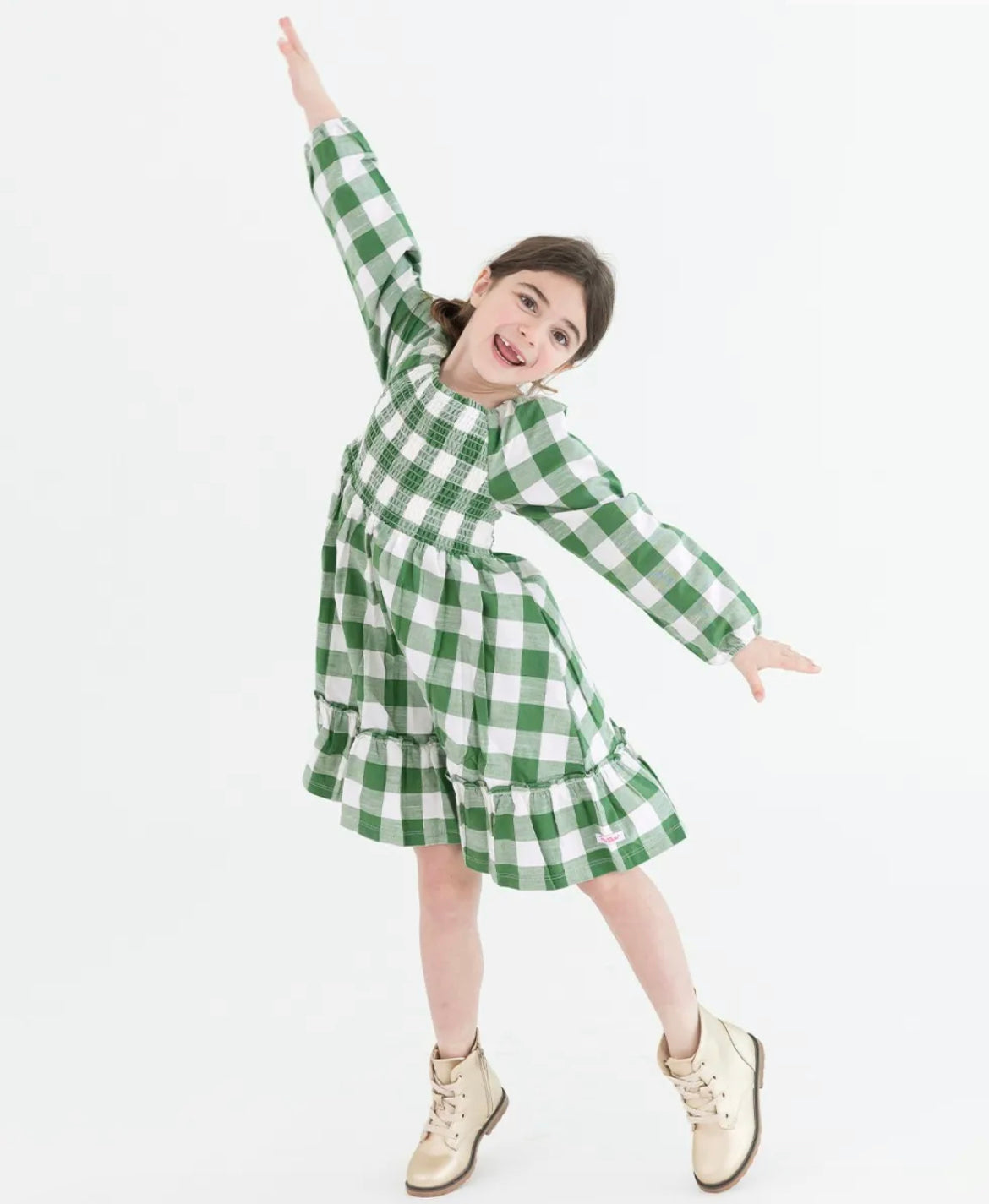 Dark Ivy Plaid Long Sleeve Smocked Dress