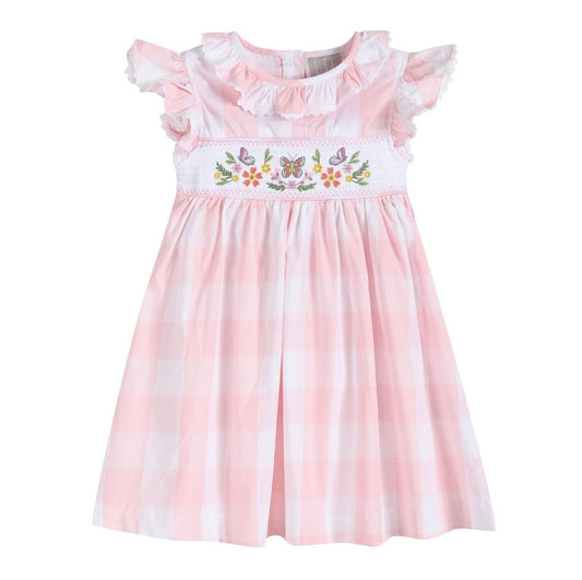 Large Pink Check Butterfly Garden Smocked Dress