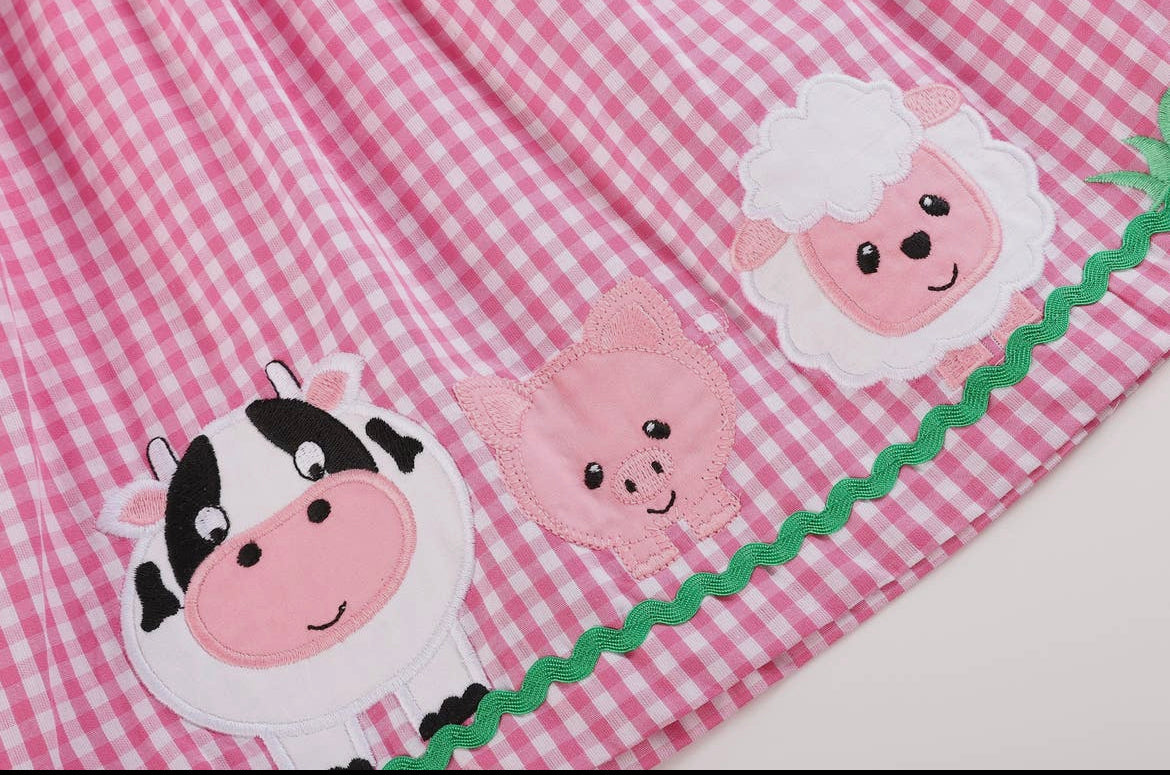 Pink Gingham Farm Animals Dress