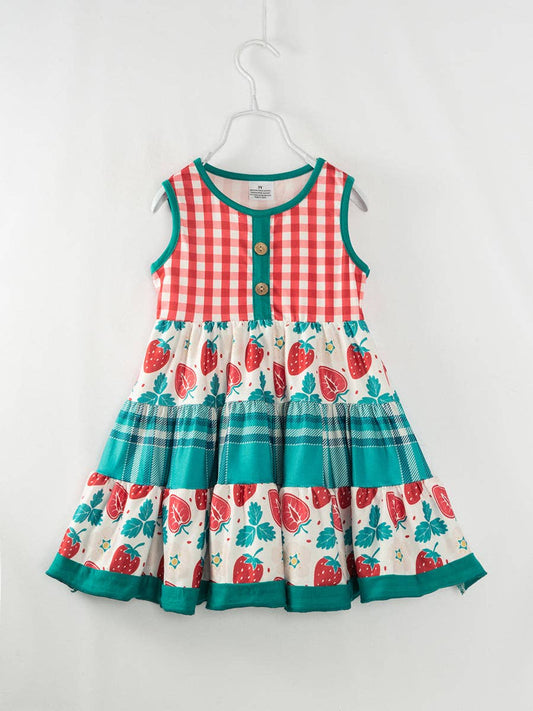 Spring 2024 Red Plaid Strawberry Ruffle Girl Twirl Dress